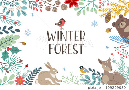 Decorative winter background with evergreen plants, deer and bear 109299080
