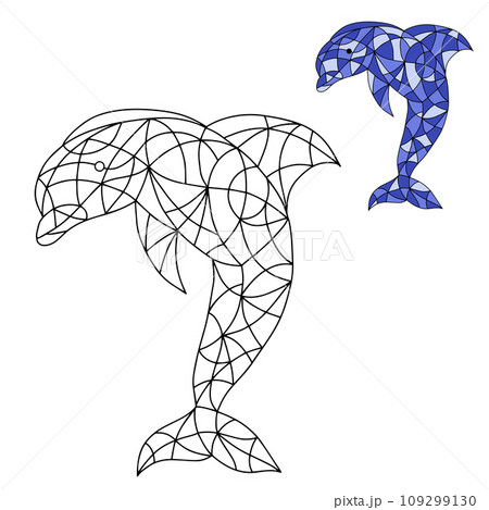 Black and White and Colored Illustration in stained glass style with abstract Dolphin. Image for Coloring Book and Coloring Page. 109299130