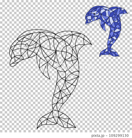 Black and White and Colored Illustration in stained glass style with abstract Dolphin. Image for Coloring Book and Coloring Page. 109299130