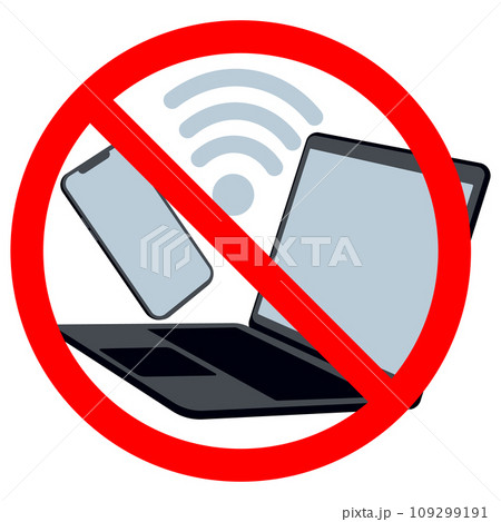 Prohibition icon for mobile phone, laptop and wi-fi. Digital detox concept. Network forbidden red symbol. Banned mobile devices sign. Vector illustration. 109299191