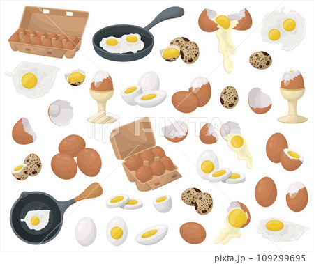 A set of chicken and quail eggs. Fried and boiled eggs, eggs in a frying pan, eggshells. Vector A set of chicken and quail eggs. Fried and boiled eggs, eggs in a frying pan, eggshells. Vector 109299695