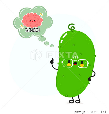 Cucumber with speech bubble and brain character. Vector hand drawn cartoon kawaii character illustration. Isolated white background. Cucumber poster and brain Cucumber with speech bubble and brain character. Vector hand drawn cartoon kawaii character illustration. Isolated white background. Cucumber poster and brain 109300131