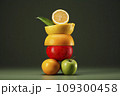 Isolated citrus slices. Pieces of orange, lemon and lime fruits 109300458