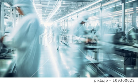 人々が素早く行き交う精密機械の工場：AI作品 109300625