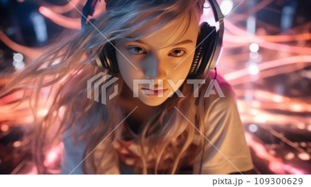 モニターを見つめてゲーム配信に夢中になっている女の子：AI作品 109300629