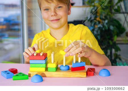 eco wooden toys. The child collects a sorter. Educational logic toys for kids. Games for Child Development 109300662