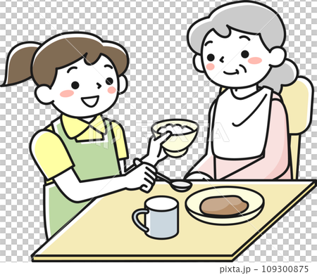座って食事をするシニア女性と介助する女性職員 109300875