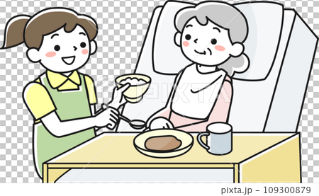 A senior woman eating in bed and a female staff member assisting her A senior woman eating in bed and a female staff member assisting her 109300879