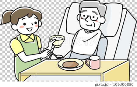 ベッドで食事をするシニア男性と介助する女性職員 109300880