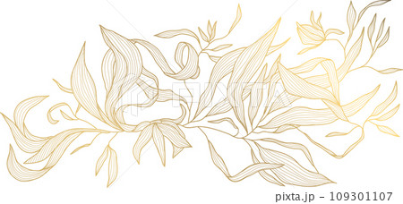 Vector art deco flower pattern background, gold line art, nature floral illustration. Hand drawn wavy plants for packaging, cover, banner, creative post and wall arts. Japanese style. 109301107