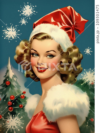Retro 1960's postcard of smiling woman with blush on the cheeks, New Year red hat and Christmas decorations on background 109301475