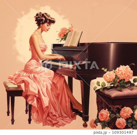 Retro 1960's postcard of woman in beautiful pink dress, plays piano on the stage with flowers around Retro 1960's postcard of woman in beautiful pink dress, plays piano on the stage with flowers around 109301497