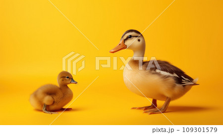Advertising portrait, banner, young gray duck and duckling in front of, isolated on yellow background Advertising portrait, banner, young gray duck and duckling in front of, isolated on yellow background 109301579