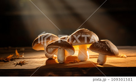 Lifestyle product shot of multiple fresh mushrooms on wooden table. Play light and shadow 109301581