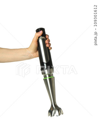 PNG, Black blender in hand, isolated on white background 109301612