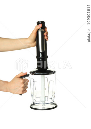 PNG, Black blender with flask in hands, isolated on white background 109301613