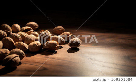 Lifestyle product shot of heap of nuts, walnuts on a wooden table. Play light and shadow Lifestyle product shot of heap of nuts, walnuts on a wooden table. Play light and shadow 109301684