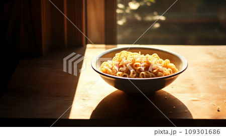Lifestyle product shot of a plate of noodles on a wooden table. Play light and shadow 109301686