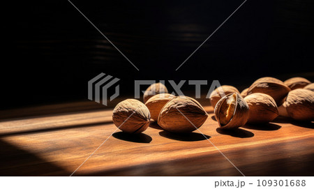 Lifestyle product shot of closed solid nuts, walnuts on a wooden table. Play light and shadow Lifestyle product shot of closed solid nuts, walnuts on a wooden table. Play light and shadow 109301688
