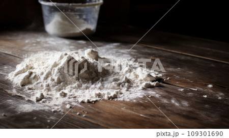 Lifestyle, product shot of a white flour for dough on wooden table. Play of light and shadow Lifestyle, product shot of a white flour for dough on wooden table. Play of light and shadow 109301690