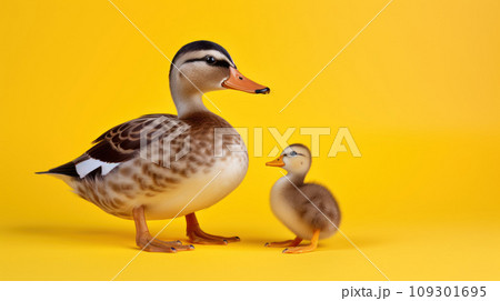 Advertising portrait, banner, young gray duck and duckling together, isolated on yellow background Advertising portrait, banner, young gray duck and duckling together, isolated on yellow background 109301695
