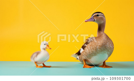 Advertising portrait, banner, mother duck and white duckling together, isolated on yellow background Advertising portrait, banner, mother duck and white duckling together, isolated on yellow background 109301700