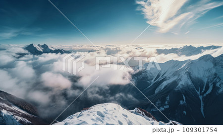 Lanscape shot, panoramic alpine view of low clouds in a valley between snowy mountains and blue sunny sky 109301754