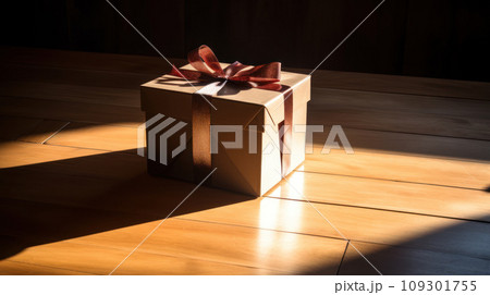 Lifestyle shot of gift box with red ribbon, decorated on wooden table. Play of light and shadow 109301755