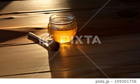 Lifestyle product shot of a full glass of beautiful honey and spindle on a wooden table. Play light and shadow 109301756