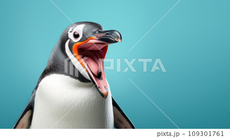 Advertising portrait, banner, screaming cheerful penguin with open mouth, isolated on blue background 109301761