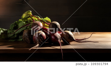 Fromt view, product photography of beets, fresh vegetable in bunch on a wooden table. Play of light and shadow Fromt view, product photography of beets, fresh vegetable in bunch on a wooden table. Play of light and shadow 109301794