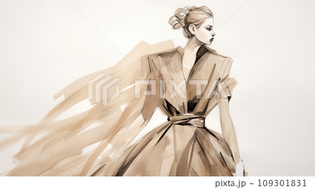 Fashion sketch, fashion illustration on a textured paper. Designer creation of fashion cloth with watercolor 109301831