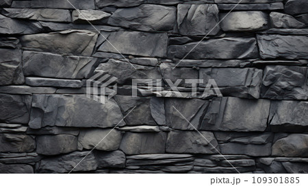 Black high detail mountain stone granite texture with cracks ans squared shape bricks stacked one by one 109301885