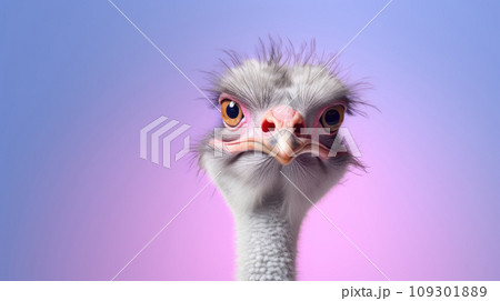 Advertising portrait, banner, head of serious ostrich, looks straight, isolated on purple background 109301889