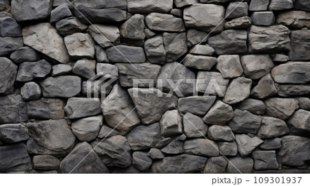 Black high detail mountain stone granite texture with cracks ans random shape bricks stacked one by one 109301937
