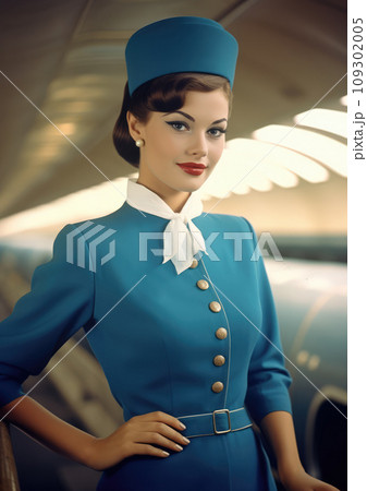 Retro 1960's pin up style postcard of stewardess woman in airplane in blue clothes Retro 1960's pin up style postcard of stewardess woman in airplane in blue clothes 109302005