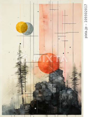 Minimalist abstract retro collage of sun, stones, trees, powdery delicate colors, collage-style paintings 109302017