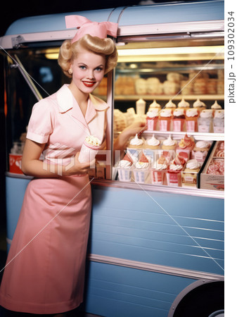 Full length retro 1960's postcard of happy smiling woman in pink dress, saleswoman sell ice cream 109302034