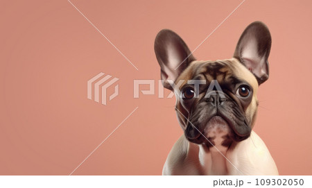 Advertising portrait, banner, sad and serious pug dog, looks straight, isolated on light red background 109302050
