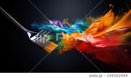 Advertising shot of a brush in color, paint flies, expression, play of light and shadow and uniform colorful background 109302084