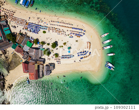 Aerial view drone shot of Amazing small island beautiful tropical sandy beach landscape view at koh Khai maew Island in Phang Nga Thailand,Amazing small island with many Cats live in small island 109302111
