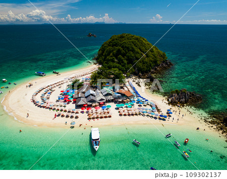 Aerial view drone shot of Amazing small island beautiful tropical sandy beach landscape view at koh Khai maew Island in Phang Nga Thailand,Amazing small island with many Cats live in small island Aerial view drone shot of Amazing small island beautiful tropical sandy beach landscape view at koh Khai maew Island in Phang Nga Thailand,Amazing small island with many Cats live in small island 109302137