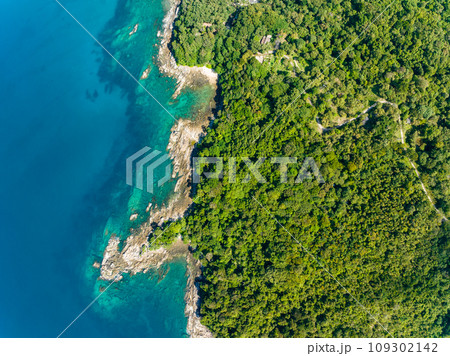 Aerial view drone shot of Tropical seashore in Phuket island thailand,Beautiful sea landscape background 109302142