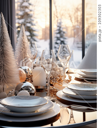 Christmas table setting with contemporary glass and decorations, designed in Scandinavian style 109302303