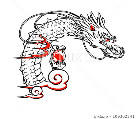 図案化した伝統的な龍の首　筆描き・黒と赤 109302341