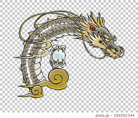 図案化した伝統的な龍の首 版画風のイラスト素材 [109302344] - PIXTA
