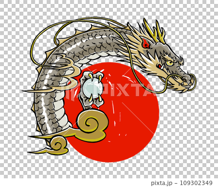 A red circle inspired by a sunrise is placed on the neck of a traditional dragon, brush-painted and matte-painted. A red circle inspired by a sunrise is placed on the neck of a traditional dragon, brush-painted and matte-painted. 109302349