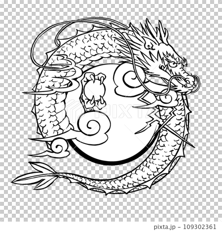 傳統風格龍頸和龍尾的中心放置了一個受日出啟發的圓圈。毛筆畫/線條畫 109302361