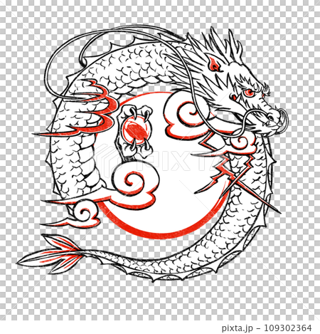 A circle inspired by a sunrise is placed in the center of the traditional stylized dragon neck and tail. Print style, black and red. A circle inspired by a sunrise is placed in the center of the traditional stylized dragon neck and tail. Print style, black and red. 109302364