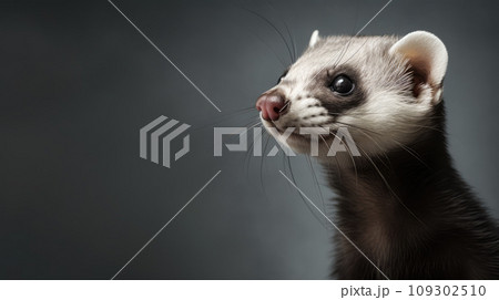 Advertising portrait, banner, adult gray ferret, looks ahead, isolated on dark gray background 109302510